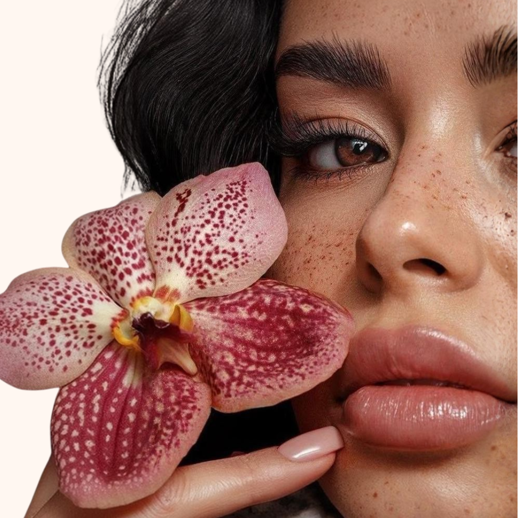 Close-up of a woman's face with a pink orchid held near her eye.